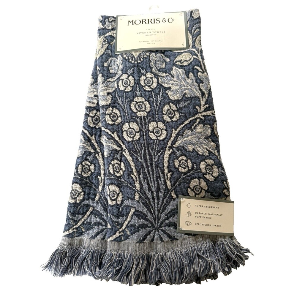 Morris & Co Kitchen Dish Towels Set of 2 Hyacinth 100% Cotton Fringe Navy Blue